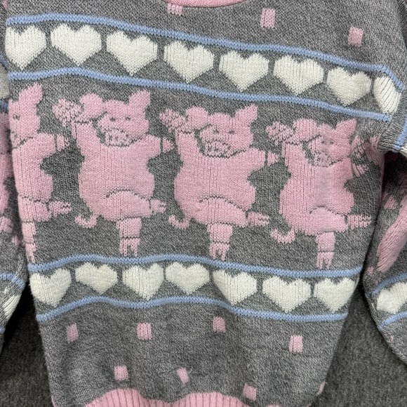 Vintage 80s Sweater Dancing Pig Hearts Fairy Kei Harajuku All Over Print‎ Size M - Picture 2 of 10